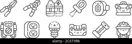 12 set of linear electrician tools and elements icons. thin outline icons such as electrician, level, power, measuring tape, vest, pliers for web, mob Stock Vector