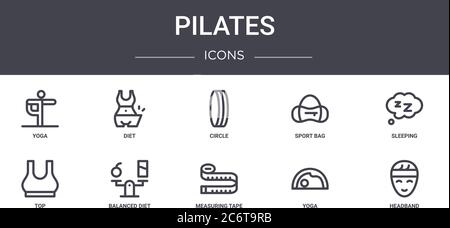 pilates concept line icons set. contains icons usable for web, logo, ui/ux such as diet, sport bag, top, measuring tape, yoga, headband, sleeping, cir Stock Vector