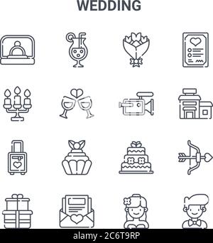 set of 16 wedding concept vector line icons. 64x64 thin stroke icons such as cocktail, candles, hotel, wedding cake, , groom, bride, video camera, lov Stock Vector