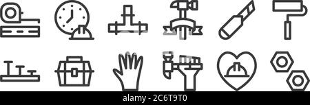 12 set of linear labour day icons. thin outline icons such as nut, labor day, toolbox, cutter, pipe, working hours for web, mobile Stock Vector