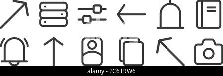 12 set of linear interface icons. thin outline icons such as camera, paste, up arrow, bell, setting, database for web, mobile Stock Vector