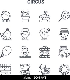 set of 16 circus concept vector line icons. 64x64 thin stroke icons such as rabbit, seal, showman, carousel, hot dog, ring of fire, drum, clown, caram Stock Vector