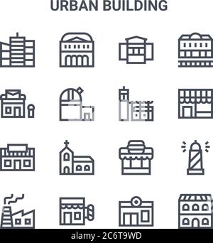 set of 16 urban building concept vector line icons. 64x64 thin stroke icons such as theatre, post office, shop, burger, hairdresser, bullring, pharmac Stock Vector
