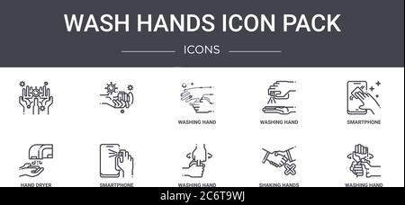 wash hands icon pack concept line icons set. contains icons usable for web, logo, ui/ux such as , washing hand, hand dryer, washing hand, shaking hand Stock Vector