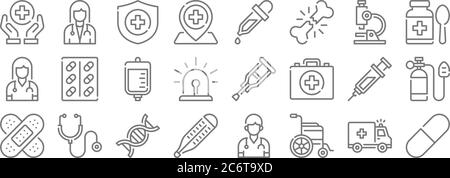 medical line icons. linear set. quality vector line set such as pill, wheelchair, thermometer, bandage, syringe, iv bag, syrup, dropper, doctor Stock Vector