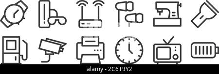 12 set of linear electronics icons. thin outline icons such as battery, clock, cctv, sewing machine, wireless router, game controller for web, mobile Stock Vector