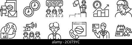 12 set of linear branding icons. thin outline icons such as campaign, contact, advertise, graph, perception, long term for web, mobile Stock Vector