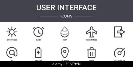 user interface concept line icons set. contains icons usable for web, logo, ui/ux such as clock, flight mode, at, location, trash, speedometer, , drop Stock Vector
