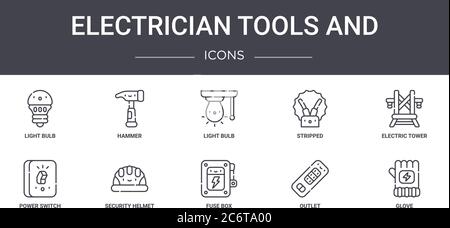 electrician tools and concept line icons set. contains icons usable for web, logo, ui/ux such as hammer, stripped, power switch, fuse box, outlet, glo Stock Vector