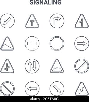 set of 16 signaling concept vector line icons. 64x64 thin stroke icons such as t junction, slope, turn right, hump, turn left, right reverse bend, kee Stock Vector