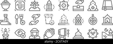 ramadan line icons. linear set. quality vector line set such as mosque, mosque, prayer, candle, qibla, alms, fez, rub el hizb, allah Stock Vector