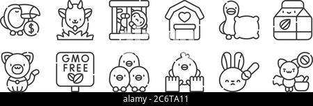 12 set of linear animal welfare icons. thin outline icons such as bat, animal care, gmo, pillow, monkey, goat for web, mobile Stock Vector