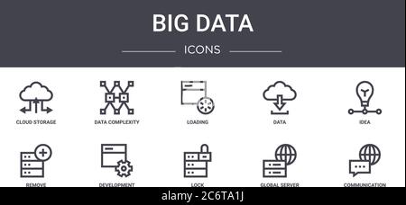 big data concept line icons set. contains icons usable for web, logo, ui/ux such as data complexity, data, remove, lock, global server, communication, Stock Vector