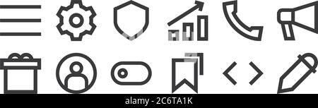 12 set of linear user interface icons. thin outline icons such as color selection, bookmark, user, call, shield, settings for web, mobile Stock Vector