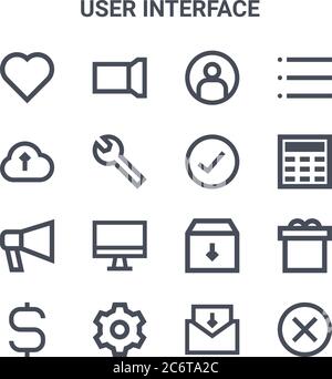 set of 16 user interface concept vector line icons. 64x64 thin stroke icons such as record, upload, calculator, archive, settings, cancel, inbox mail, Stock Vector