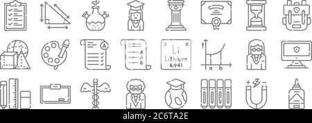 academy line icons. linear set. quality vector line set such as liquid glue, marker, teacher, stationery, teacher, exam, bagpack, history, trigonometr Stock Vector