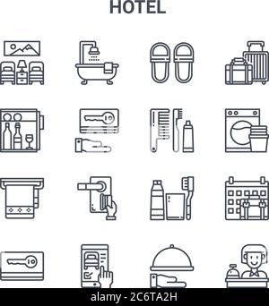 set of 16 hotel concept vector line icons. 64x64 thin stroke icons such as bathtub, fridge, washer machine, toothbrush, smartphone, reception, hand, c Stock Vector