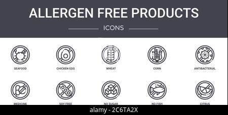 allergen free products concept line icons set. contains icons usable for web, logo, ui/ux such as chicken egg, corn, medicine, no sugar, no fish, citr Stock Vector