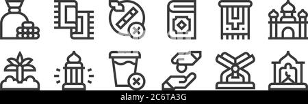 12 set of linear ramadan icons. thin outline icons such as window, alms, lantern, carpet, no smoking, carpet for web, mobile Stock Vector