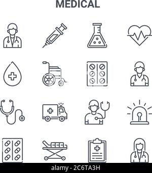 set of 16 medical concept vector line icons. 64x64 thin stroke icons such as syringe, blood, doctor, examination, stretcher, doctor, medical report, t Stock Vector