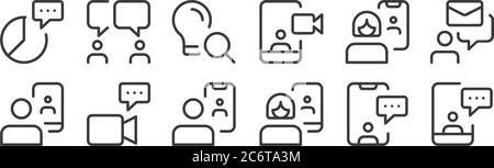12 set of linear work office and meeting icons. thin outline icons such as smartphone, woman, chat, smartphone, search, chatting for web, mobile Stock Vector