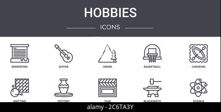 hobbies concept line icons set. contains icons usable for web, logo, ui/ux such as guitar, basketball, knitting, film, blacksmith, science, canoeing, Stock Vector