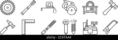 12 set of linear carpentry icons. thin outline icons such as hacksaw, screws, try square, saw tool, measuring tape, tool for web, mobile Stock Vector
