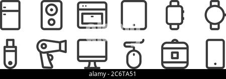 12 set of linear electronic and device icons. thin outline icons such as smartphone, computer mouse, hair dryer, smartwatch, oven, speaker for web, mo Stock Vector