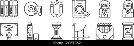 12 set of linear academy icons. thin outline icons such as hourglass, calculus, glue stick, teacher, physics, music for web, mobile Stock Vector
