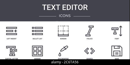 text editor concept line icons set. contains icons usable for web, logo, ui/ux such as bullet list, italics, capital letter, eye dropper, source, save Stock Vector