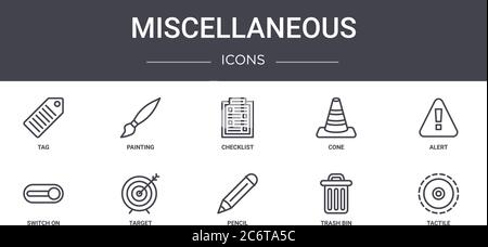 miscellaneous concept line icons set. contains icons usable for web, logo, ui/ux such as painting, cone, switch on, pencil, trash bin, tactile, alert, Stock Vector