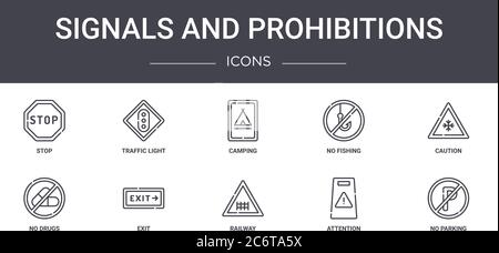 signals and prohibitions concept line icons set. contains icons usable for web, logo, ui/ux such as traffic light, no fishing, no drugs, railway, atte Stock Vector