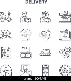 set of 16 delivery concept vector line icons. 64x64 thin stroke icons such as delivery man, guarantee, shopping cart, conveyor, email, speed, smartpho Stock Vector
