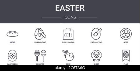 easter concept line icons set. contains icons usable for web, logo, ui/ux such as egg painting, egg painting, easter egg, dove, sheep, flag, nest, sho Stock Vector