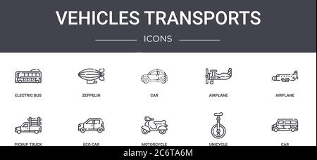 vehicles transports concept line icons set. contains icons usable for web, logo, ui/ux such as zeppelin, airplane, pickup truck, motorcycle, unicycle, Stock Vector