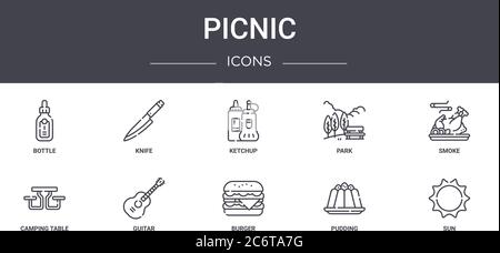 picnic concept line icons set. contains icons usable for web, logo, ui/ux such as knife, park, camping table, burger, pudding, sun, smoke, ketchup Stock Vector