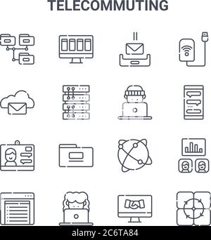 set of 16 telecommuting concept vector line icons. 64x64 thin stroke icons such as task, cloud, chat box, exchange, online, online, online, wifi Stock Vector