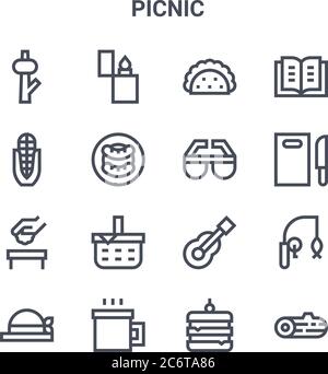 set of 16 picnic concept vector line icons. 64x64 thin stroke icons such as lighter, corn, cutting board, guitar, cup, wood, sandwich, sunglasses, boo Stock Vector