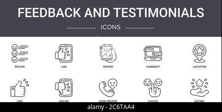 feedback and testimonials concept line icons set. contains icons usable for web, logo, ui/ux such as like, comment, like, good review, choice, rating, Stock Vector