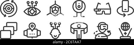 12 set of linear virtual reality icons. thin outline icons such as hologram, virtual reality, smartwatch, vr glasses, d graphics, eye for web, mobile Stock Vector
