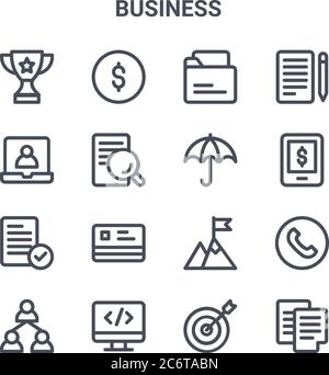 set of 16 business concept vector line icons. 64x64 thin stroke icons such as dollar, video call, online payment, success, web development, agreement, Stock Vector