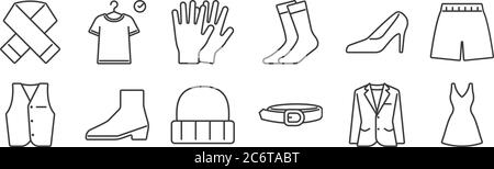 12 set of linear clothes and outfit icons. thin outline icons such as dress, belt, boot, high heels, gloves, fitting room for web, mobile Stock Vector