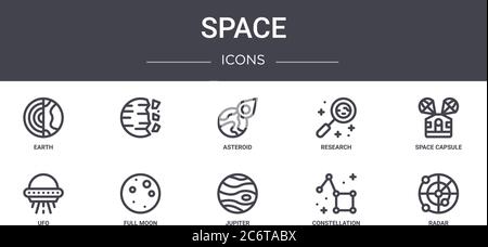 space concept line icons set. contains icons usable for web, logo, ui/ux such as , research, ufo, jupiter, constellation, radar, space capsule, astero Stock Vector