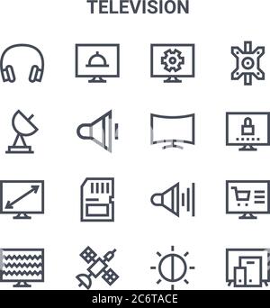 set of 16 television concept vector line icons. 64x64 thin stroke icons such as cooking show, satellite, password, volume, satellite, responsive, brig Stock Vector