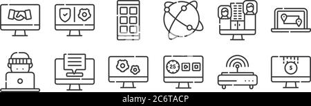12 set of linear telecommuting icons. thin outline icons such as online payment, time, chat box, telecommuting, workflow, vpn for web, mobile Stock Vector