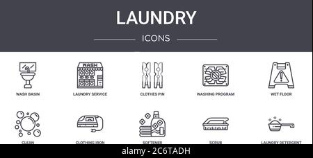 laundry concept line icons set. contains icons usable for web, logo, ui/ux such as laundry service, washing program, clean, softener, scrub, laundry d Stock Vector
