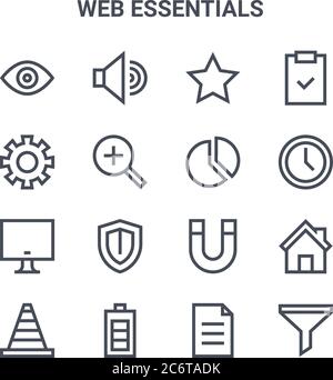 set of 16 web essentials concept vector line icons. 64x64 thin stroke icons such as sound, option, time, magnet, battery, funnel, file, pie chart, cli Stock Vector