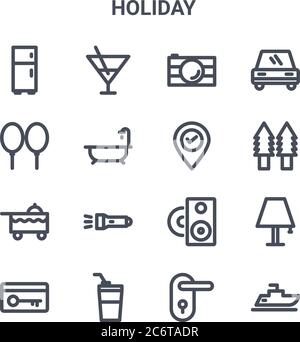 set of 16 holiday concept vector line icons. 64x64 thin stroke icons such as drink, balloon, tree, sound, coffee cup, ship, door handle, gps navigatio Stock Vector