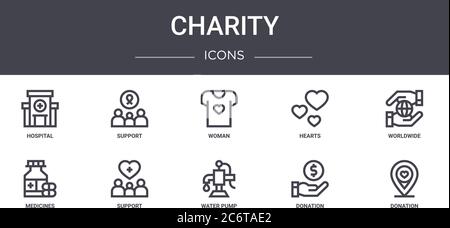 charity concept line icons set. contains icons usable for web, logo, ui/ux such as support, hearts, medicines, water pump, donation, donation, worldwi Stock Vector
