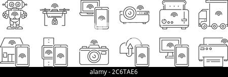 12 set of linear internet of things icons. thin outline icons such as printer, cloud storage, smartwatch, toaster, laptop, drone for web, mobile Stock Vector